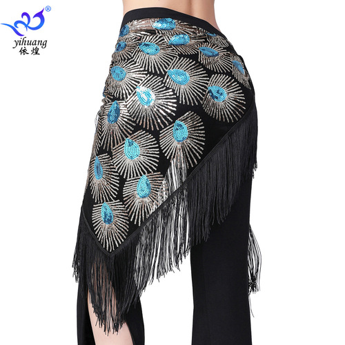 Belly dance fringed hip scarf red purple green sequined latin dance skirts waist chain Latin dance triangle scarf stage performance tie waist scarf for female