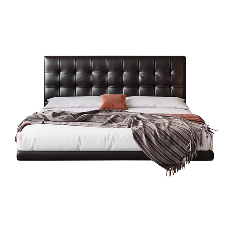 Cama flotante retro, cama de cuero de waffle, cama de cuero de vaca negra, cama flotante, cama doble.