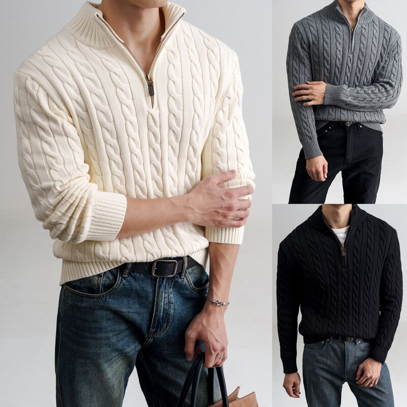 New autumn and winter POLO knit sweater for men, old money style, half-zip, cable knit texture, cross-border factory wholesale New autumn and winter POLO knit sweater for men, old money style, half-zip, cable knit texture, cross-border factory wholesale