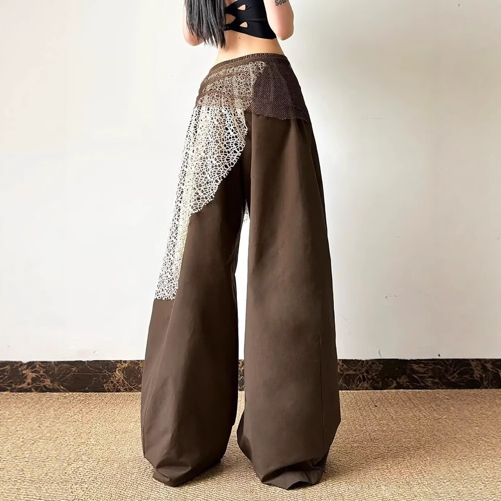 アメリカンカジュアルストリートプリーツパーソナライズフェイクツーピースカジュアルパンツ女性用、ハンサムなデザイン、スリムで多用途なワイドレッグパンツ