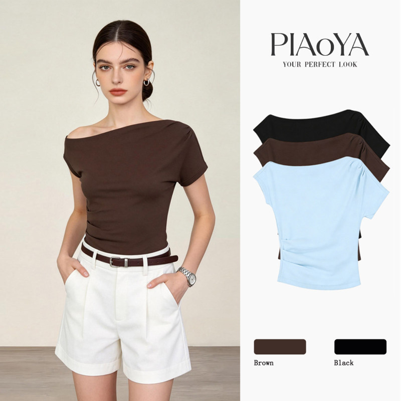 Short Design Off-Shoulder T-Shirt for Women, New Summer Style, One-Shoulder Top for Petite Figures, Slimming Casual Base Shirt for Commuting