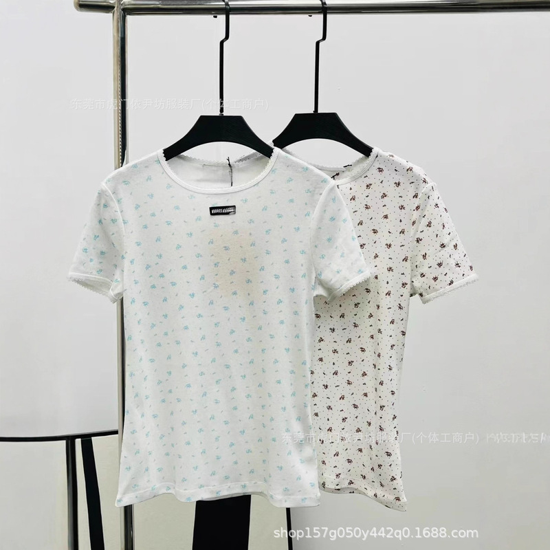 26 New Products M*U Brand Fresh Floral Slim-Fit Ruffled Round Neck Short-Sleeve Layered Jacquard Letter Logo Women's Top 26 New Products M*U Brand Fresh Floral Slim-Fit Ruffled Round Neck Short-Sleeve Layered Jacquard Letter Logo Women's Top