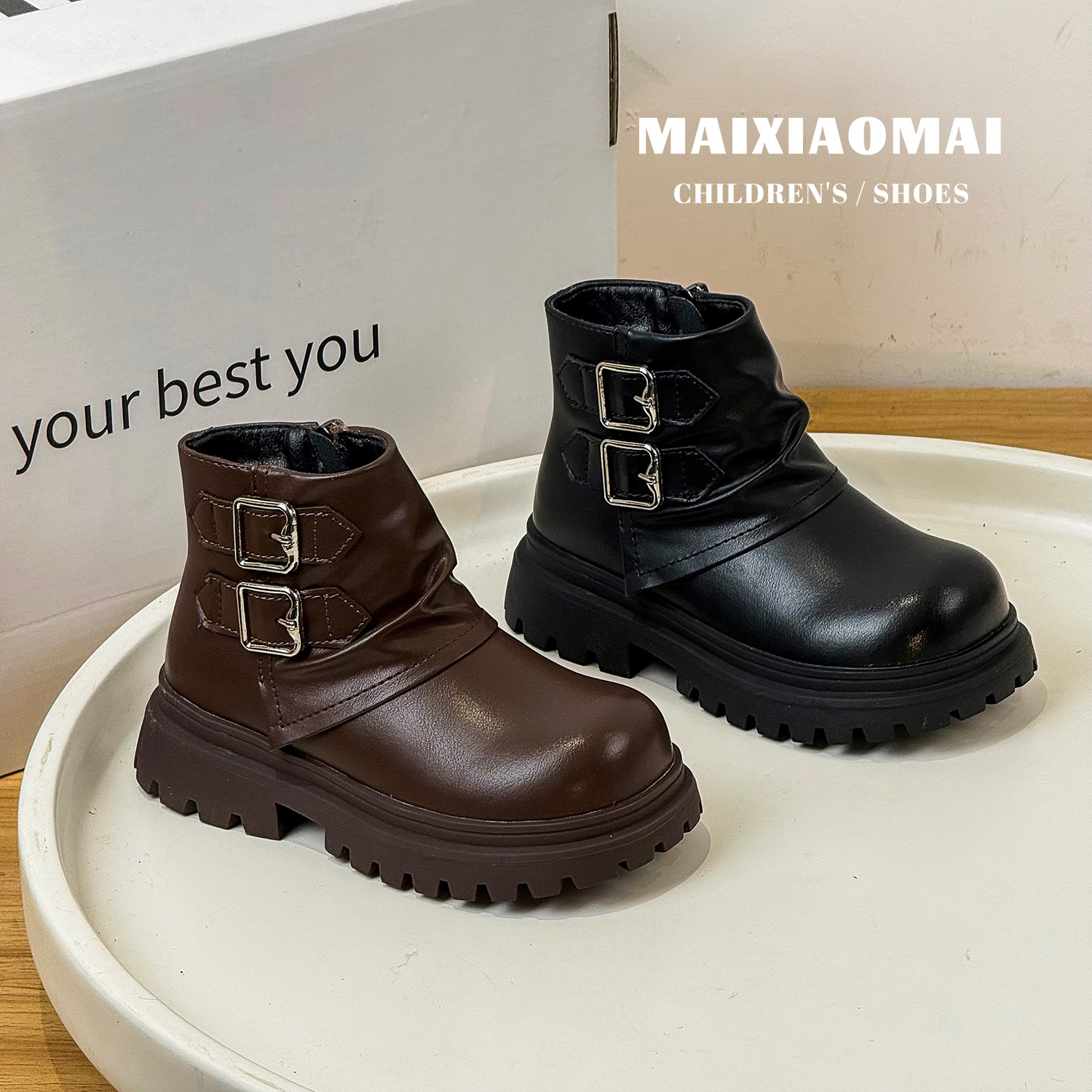 Maixiaomai 2025 Winter New Kidsren's Boots Retro Fashionable Belt Buckle Plus Suede Leather Boots Baby Boots