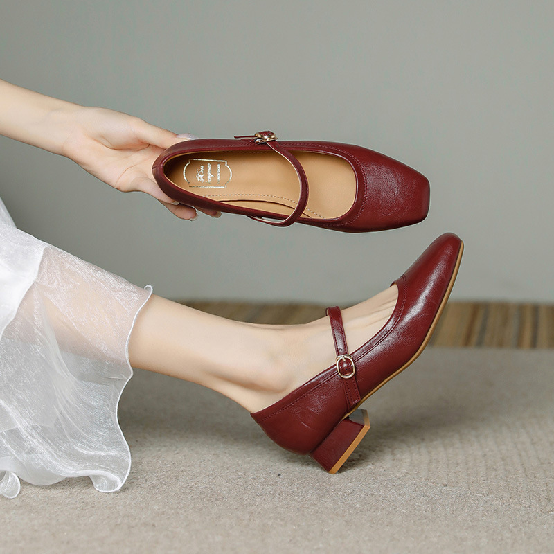 Chunky Heel Square Toe Mary Jane Shoes Fairy Style Red Mid-Heel Genuine Leather Single Shoes for Women Spring and Autumn 2025 New Large Size Shoes Chunky Heel Square Toe Mary Jane Shoes Fairy Style Red Mid-Heel Genuine Leather Single Shoes for Women Spring and Autumn 2025 New Large Size Shoes