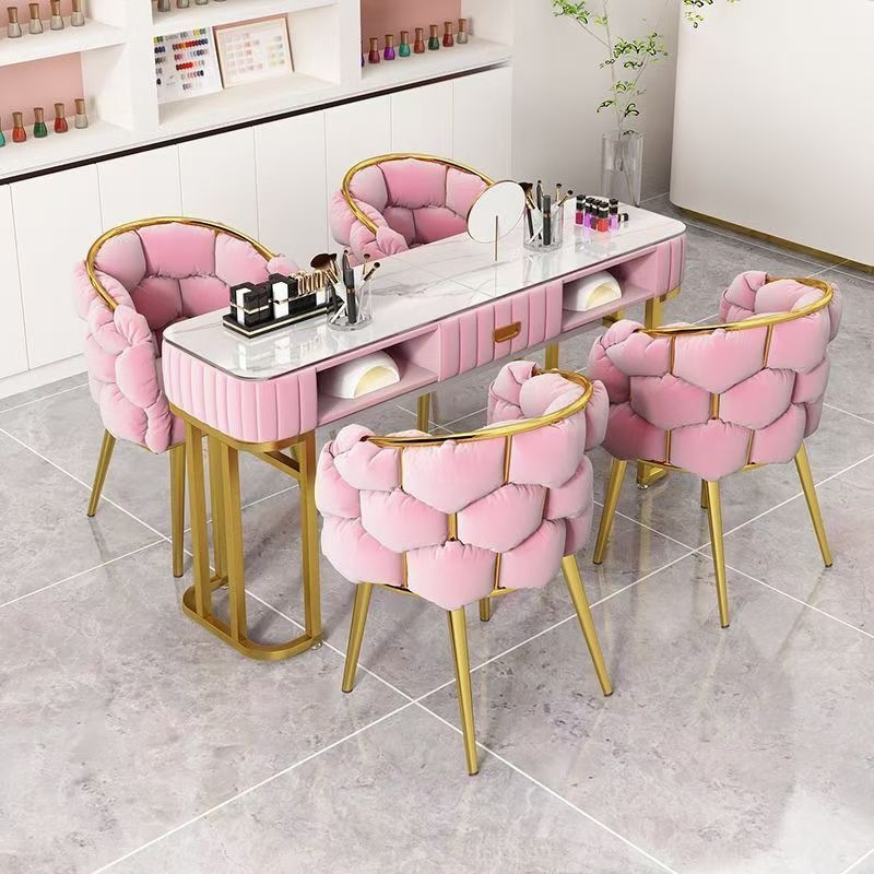 New model of manicure table, imitation marble two-tier nail salon table and chair set, special price manicure chair, single and double manicure tables