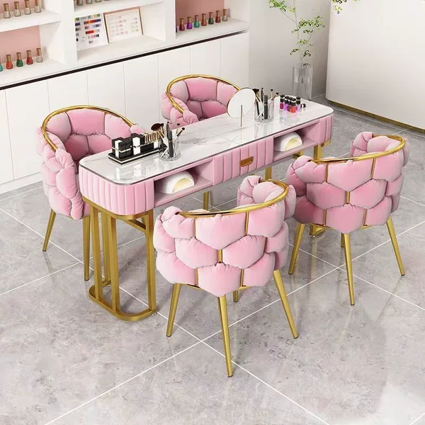 New model of manicure table, imitation marble two-tier nail salon table and chair set, special price manicure chair, single and double manicure tables