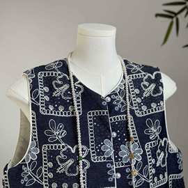国风重工刺绣亮片牛仔新款秋秋青花瓷2025背心马夹国风新中式马甲