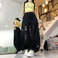 街舞潮牌布破洞ジーンズ女性ダンス長ズボンデザイン感ジャズギャルカジュアルパンツ潮