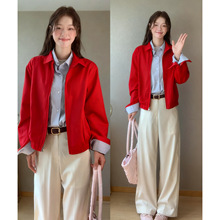 红色短款夹克外套女2026新款早秋季小个子翻领正肩复古港风薄上衣