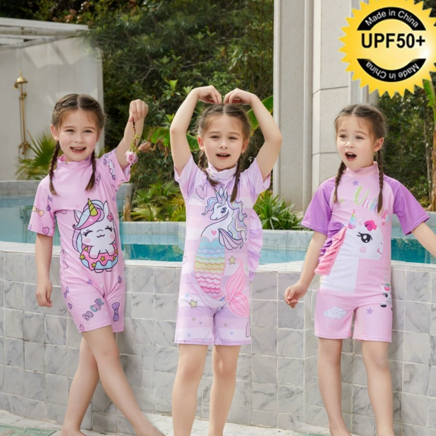 Детский купальник для девочек, цельный, с коротким рукавом, с защитой от солнца, с мультяшным принтом, для серфинга, пляжная одежда для детей.