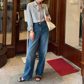 韩系松弛感条纹设计翻领宽松长袖衬衫慵懒风通勤防晒衫遮肉显瘦