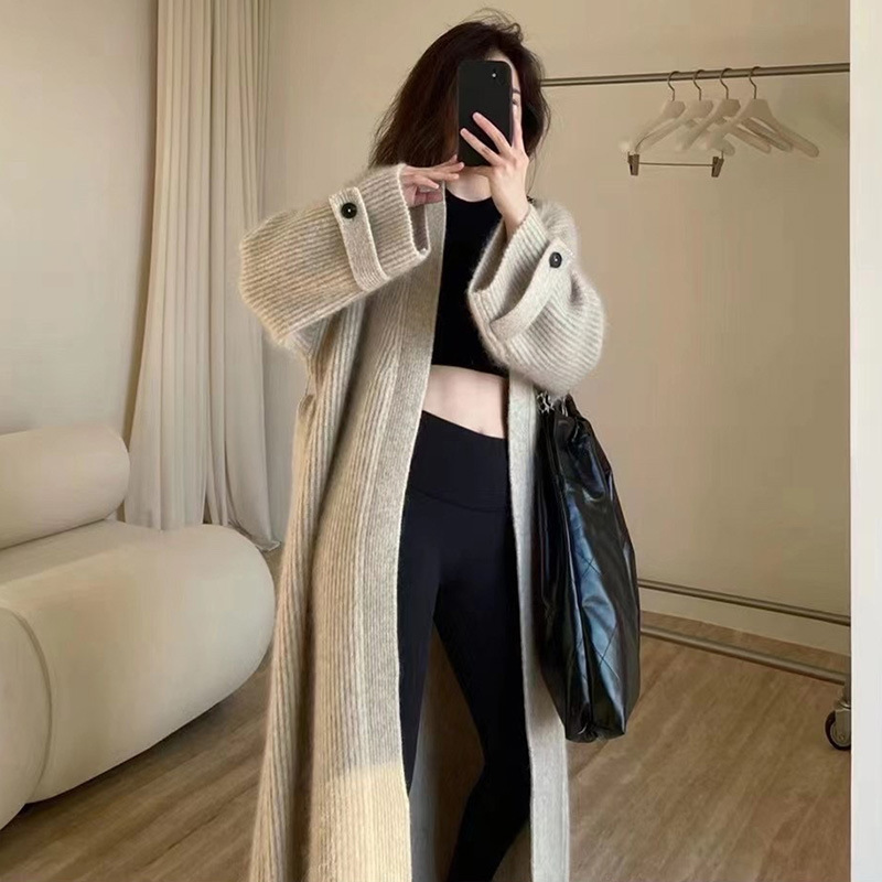 韩国法式高级感V领软糯亲肤针织开衫宽松过膝长款毛衣外套女|undefined