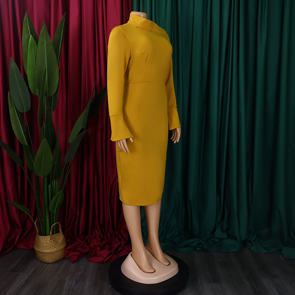 Autumn Winter Long Sleeve Narrow Office Diagonal Collar Solid Color Dress