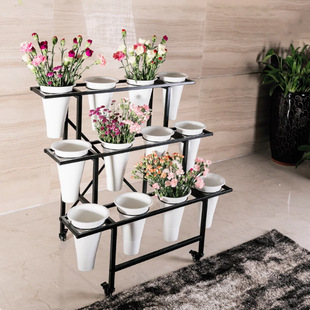 Flower Shop Flower Rack Flower Rack Display Rack Iron Multi-layer Shelf Movable Wheeled Plastic Barrel Flowers