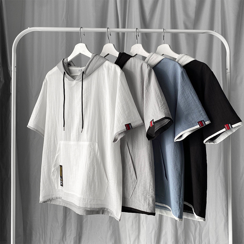Hooded Short-Sleeve Sweatshirt for Men, Summer Trendy Loose Japanese Style Men's Top, Half-Sleeve T-Shirt Clothing