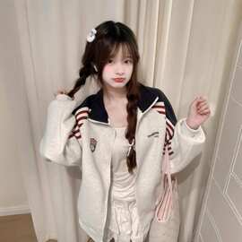 2025美式复古撞色徽章字母立领卫衣外套女春秋学院风开衫夹克上衣