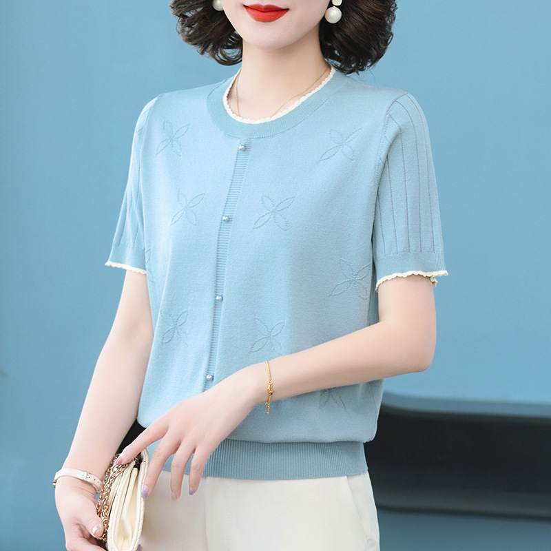 妈妈夏装新中式短袖恤2025新款母亲节小衫中老年女冰丝风上衣，女装T恤，妃慕昵服饰