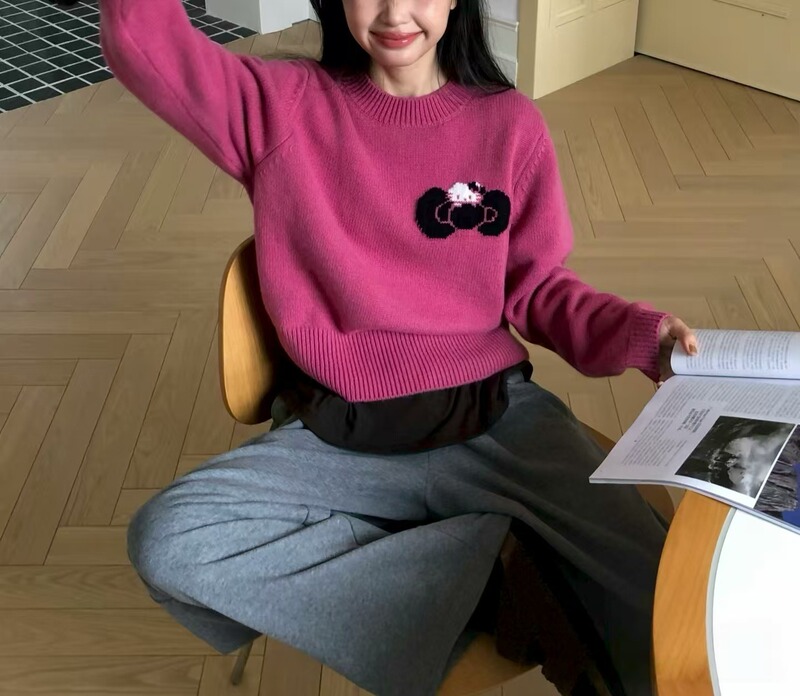 猫咪蝴蝶结提花套头圆领毛衣女2025秋冬新款减龄慵懒风针织衫上衣|undefined