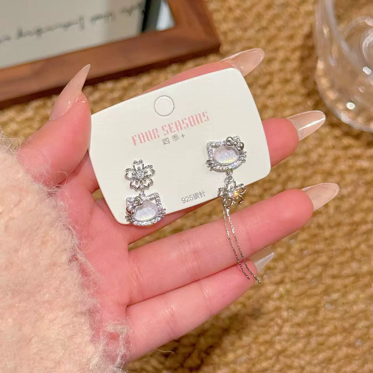 猫咪耳钉时尚轻奢精致花朵耳饰甜美长款气质简约可爱小猫银针耳钉