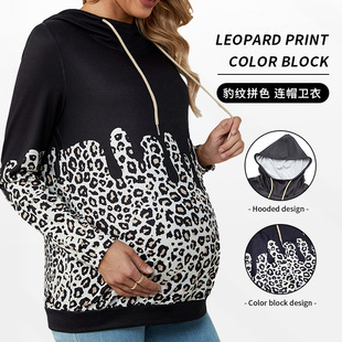 Cross-Border Black Leopard Print Color-Blocked Maternity Long-Sleeved Sweatshirt Top Casual Outer Wear Spring and Autumn Leopard Print Sweatshirt