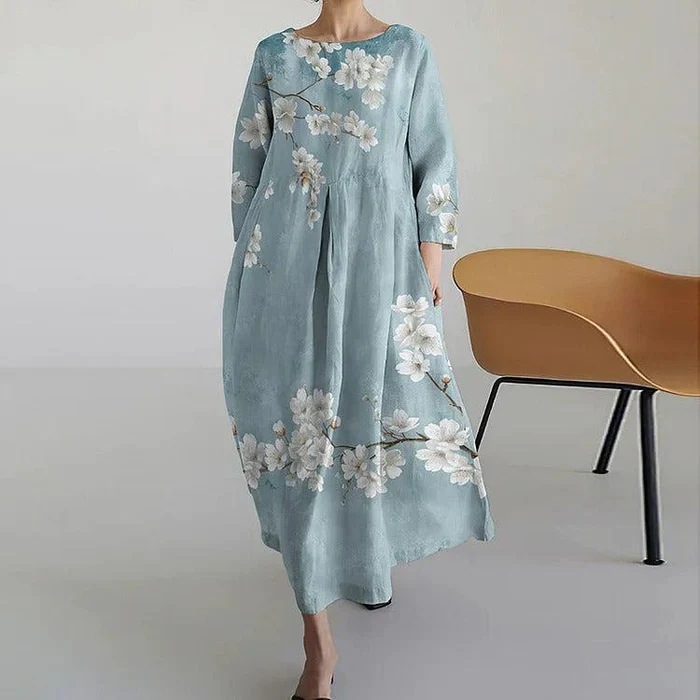 2025 European and American Clothing Amazon Independent Station Round Neck Long-Sleeved Digital Printing Dress Long Skirt Flowers