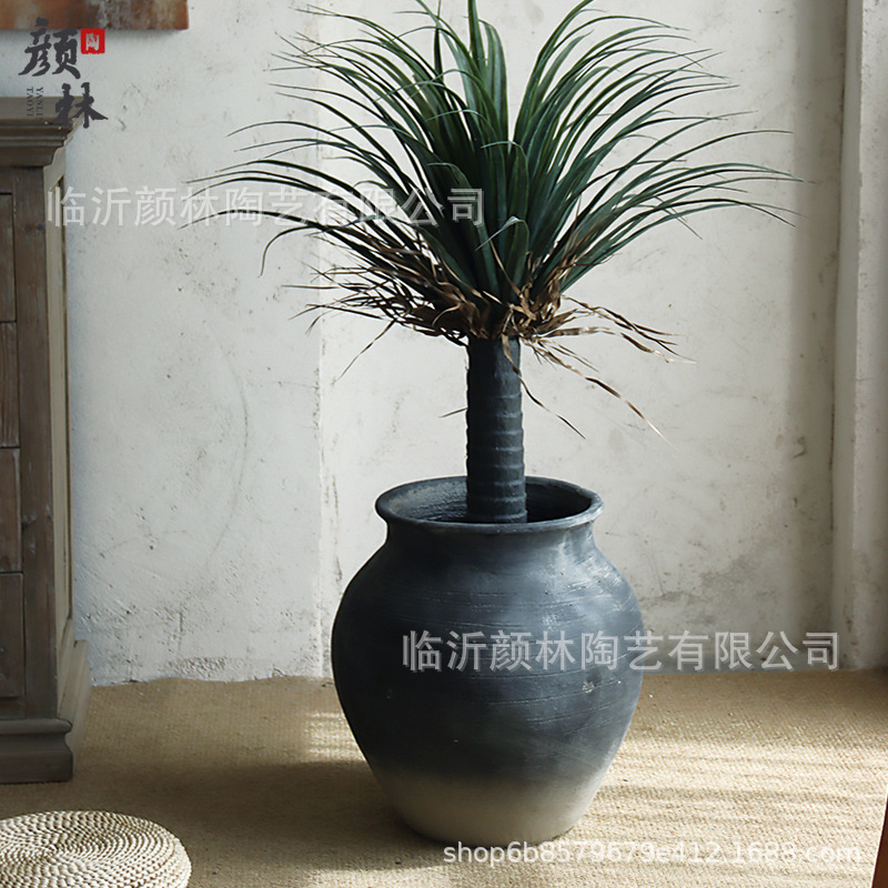 Cementos de tierra gris negro gran vientre redondo plantación interior verde hacer viejas macetas de diseño de decoración del espacio del hotel