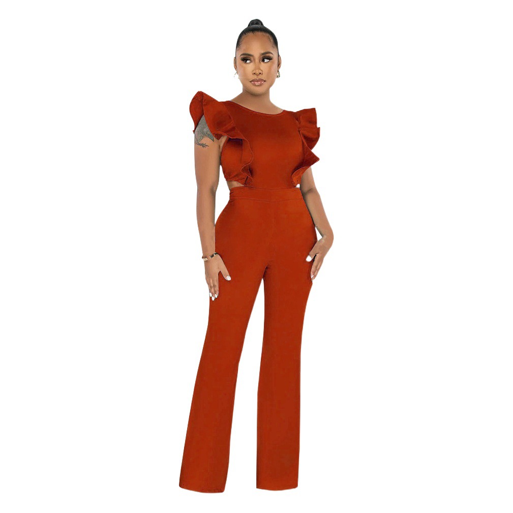K10428 Ropa de mujer Amazonas 2023 Verano nuevo con volantes cuello redondo color sólido europeo y americano traje de moda transfronteriza jumpsuit
