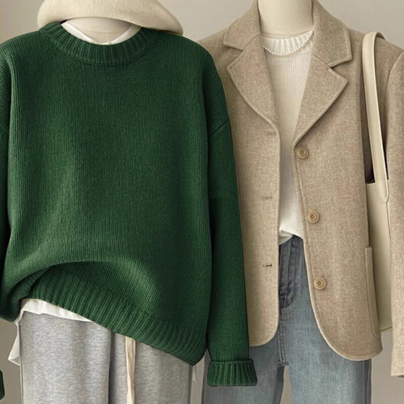 Japanese Style Retro dark green Sweater Women's Autumn and Winter Loose Lazy Style Crewneck Pullover Base Lined Knit Sweater Thickened