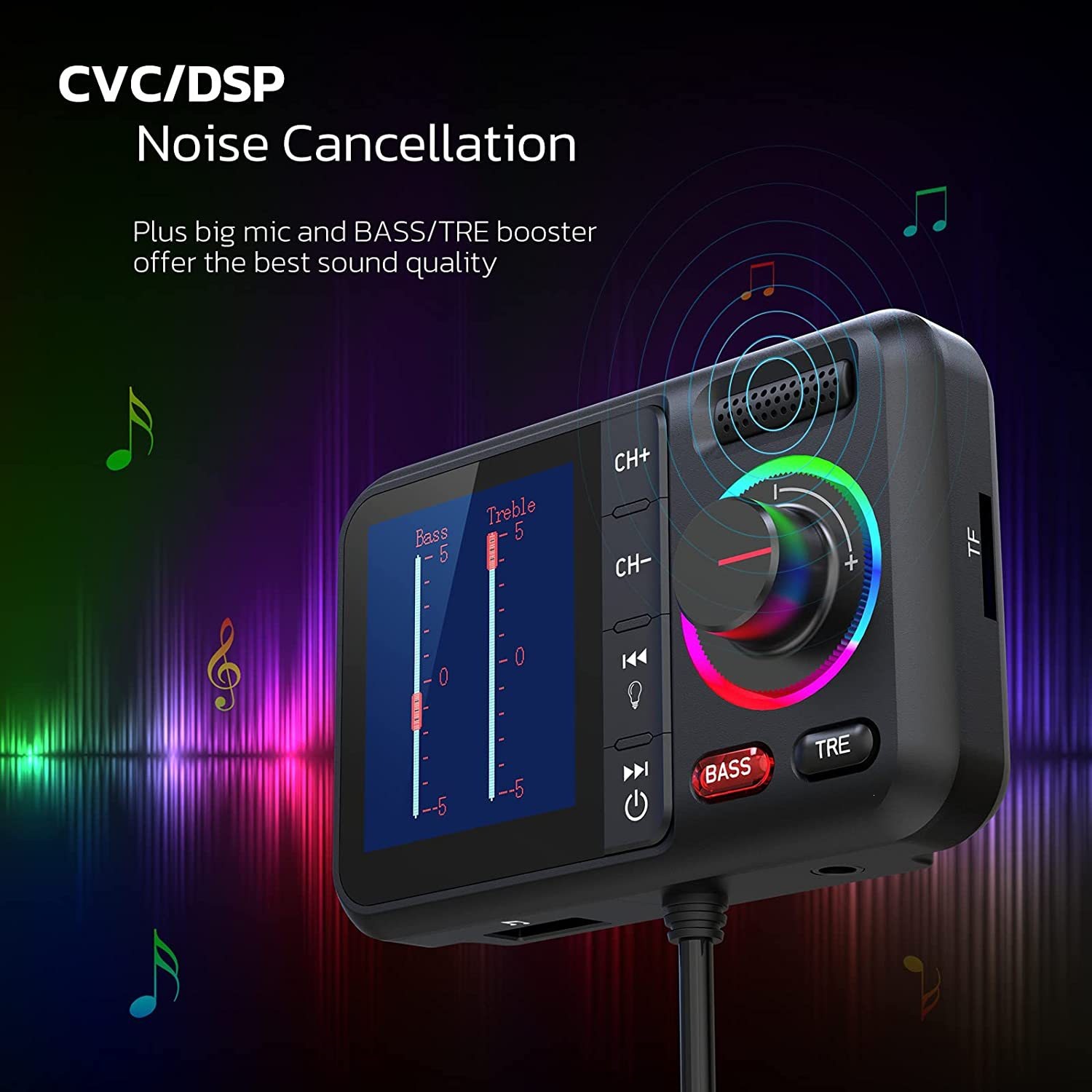 Bt98 New Car Bluetooth Mp3 Player Qc3 Fast Charging Color Screen Ambient Light Fm Transmitter Hands-Free Call Plug-In