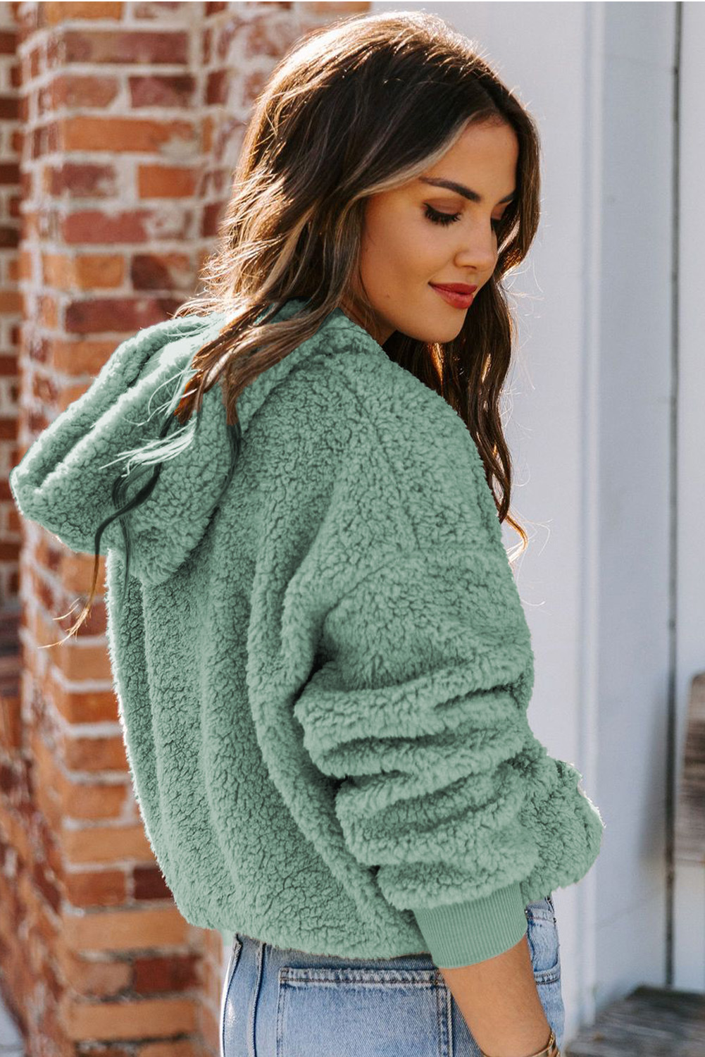 women s solid color fleece zipper neckline long-sleeved hooded sweatshirt nihaostyles clothing wholesale NSQSY78353