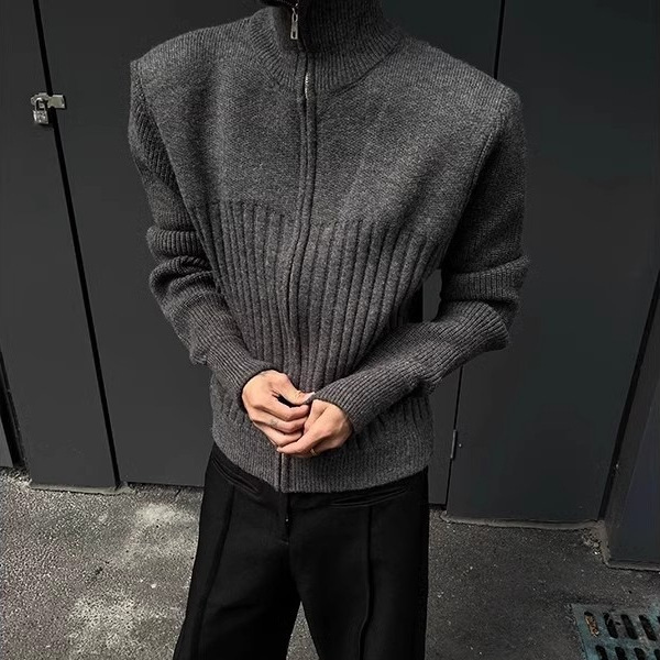 美拉德正肩高领开衫毛衣男士秋冬季老钱风复古宽松休闲针织衫外套