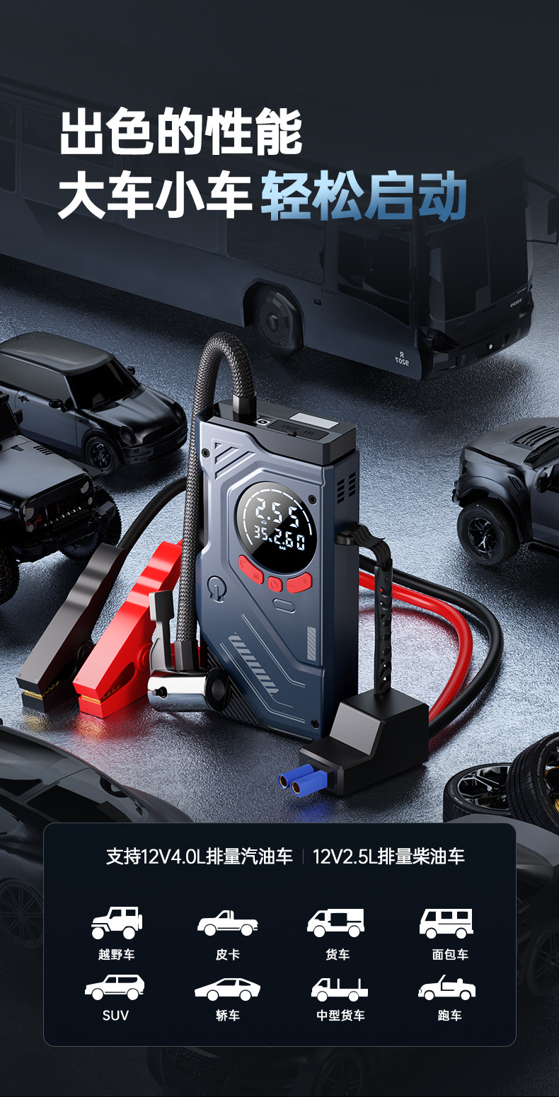 Wireless Car Air Pump, Car Emergency Jump Starter, Battery Ignition All-In-One Machine, Smart Clamp for Car Use