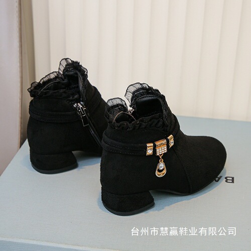 Children's Mid-Size New Girls Boots Knee-High Boots Black Single Boots Girl High Heel Lace Short Fall