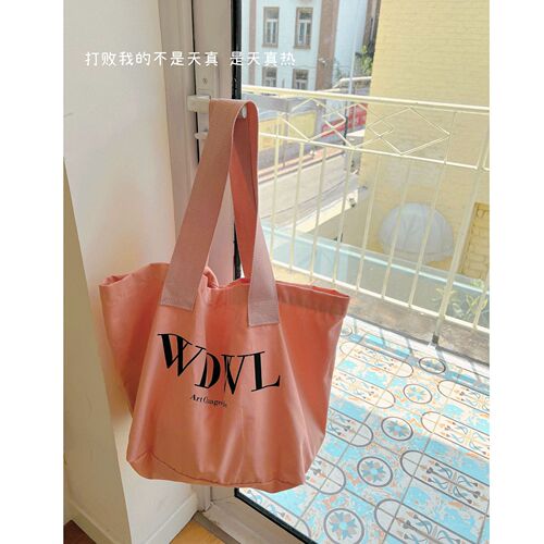 Korean chic salmon pink tote canvas bag ins new versatile letter retro large capacity shoulder bag