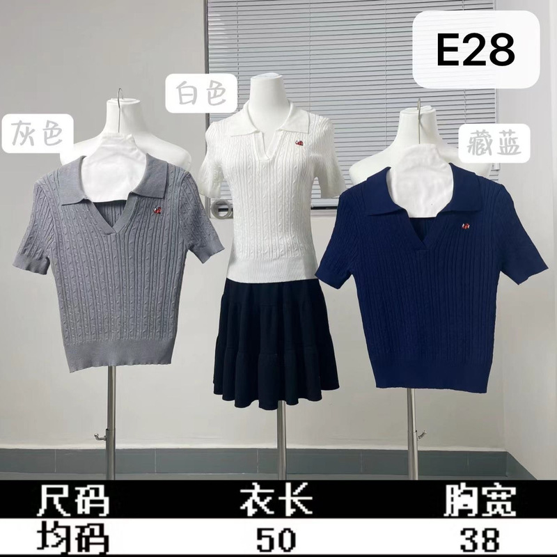 春夏新作女子学生風甘め若見えおしゃれ刺繍ケーブル編み半袖アイスシルクポロニットセーター|undefined