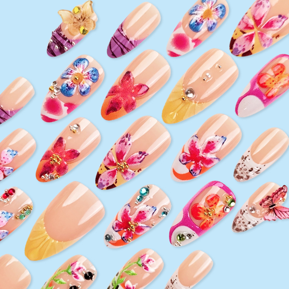 Transfronteriza venta en caliente perforación en relieve manicuras flores mariposa danza desgaste de uñas almendras 24 piezas parches de uñas franceses image 5