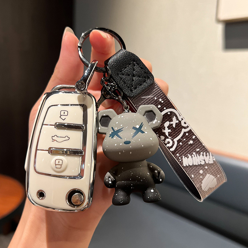 체리 A-접이식 3 키 [싱글 쉘 화이트] + 그레이 폭력 곰 펜던트