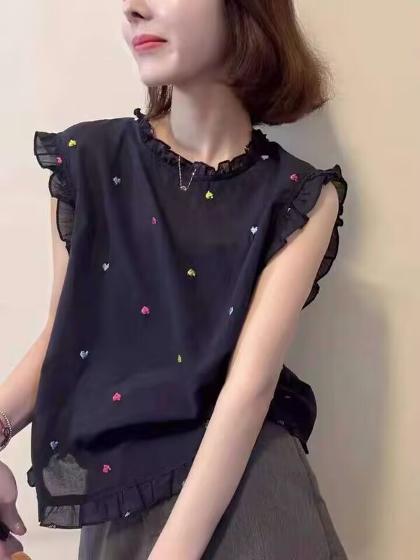 韩系木耳边彩色爱心印花后背系扣无袖衬衫2025夏季新款女洋气上衣|undefined