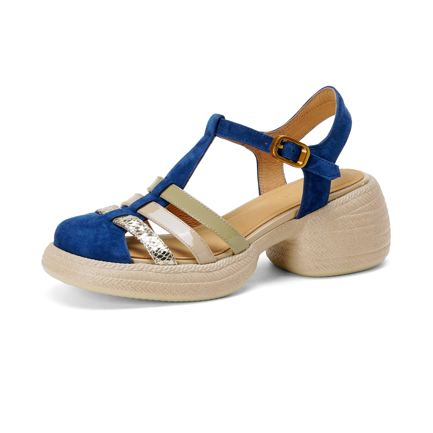 Sandal nữ quai chữ T đan dây đế dày gót thô 6.5cm phong cách La Mã — Màu xanh da trời