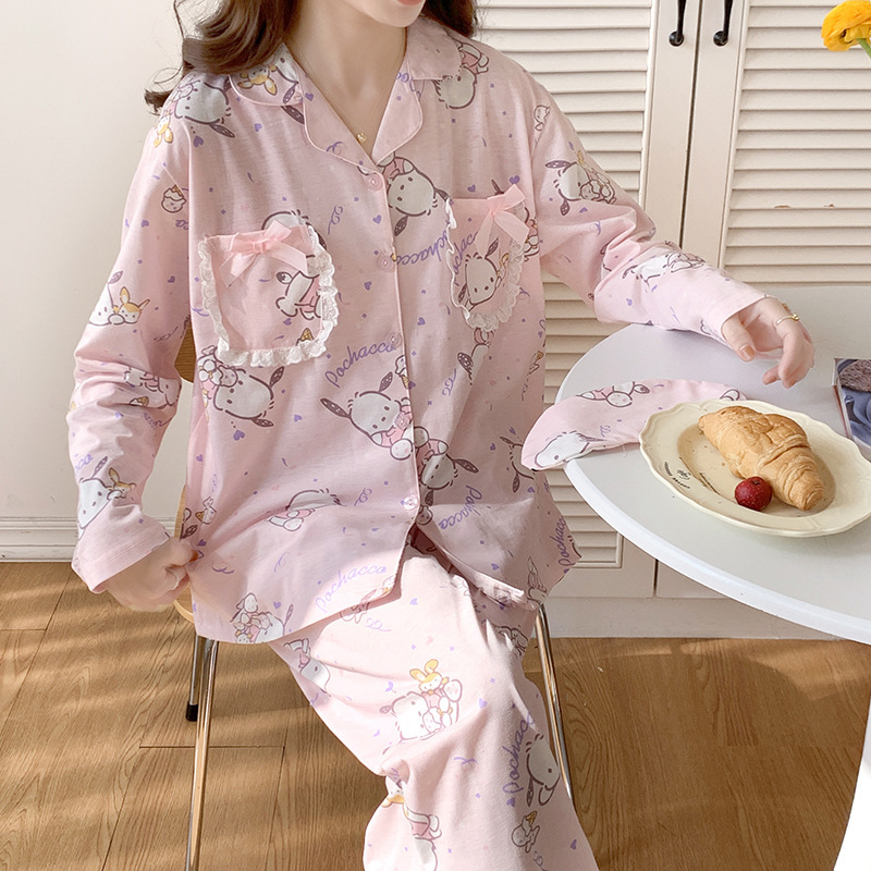 Japanese Style Cute Pacha Dog Pink Pajamas Women's Spring and Autumn Long Sleeve Pure Cotton Princess Style Sweet Girls' Home Clothes