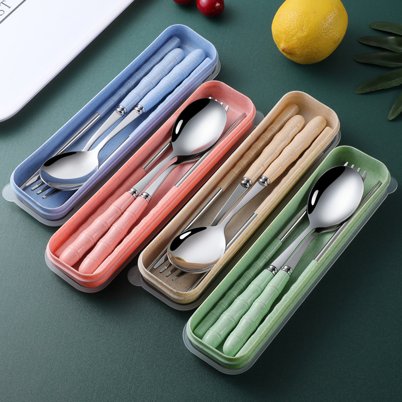 Chopsticks Spoon suit One-person Food Portable Tableware Three-piece Set Stainless Steel Fork Single Student Cute Storage Box