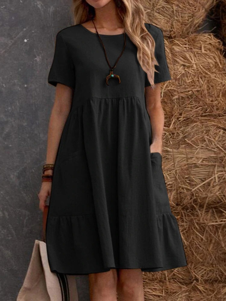 2026 Summer European And American Retro Loose Pocket Solid Color Round Neck Women's Dress_ecoleips.com