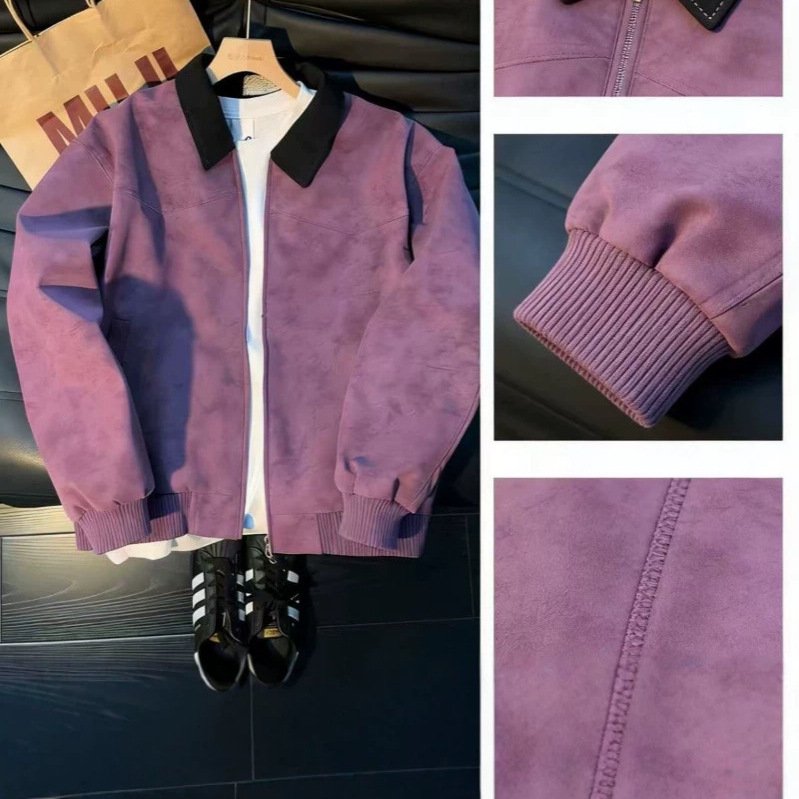 港风紫色扎染底宽松外套男款秋季翻领短款夹克美式高街vibe机车服
