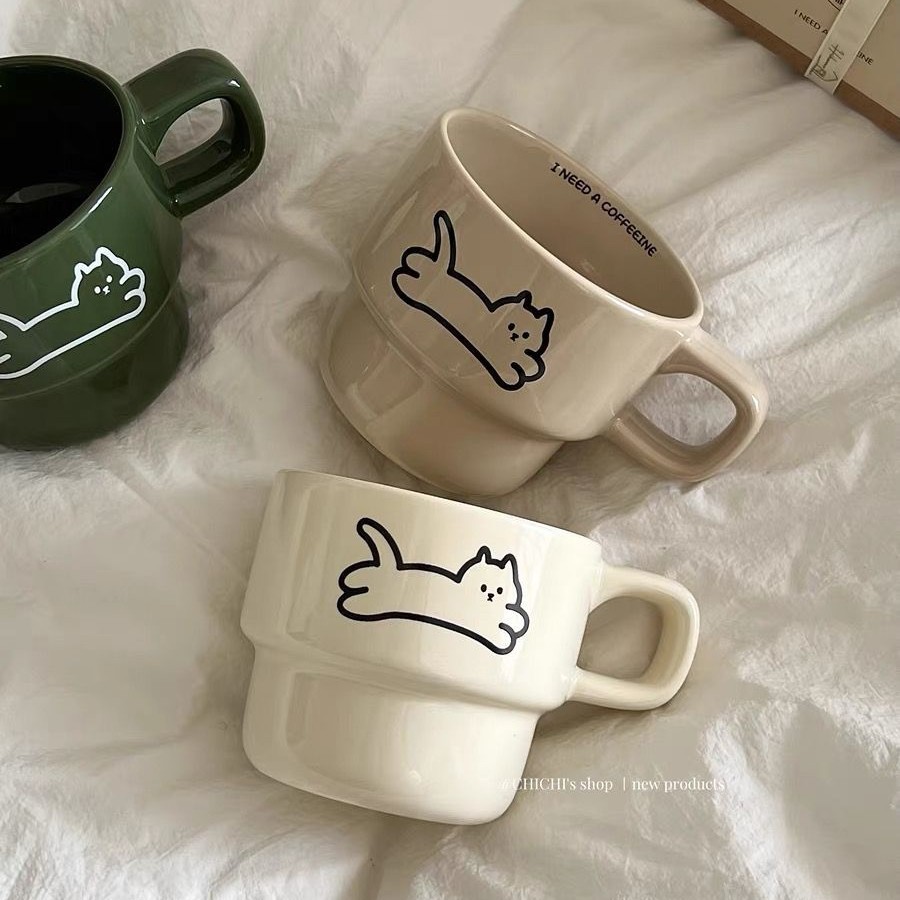 新款可爱猫咪杯子ins小狗情侣叠叠马克杯礼物耐高温陶瓷咖啡水杯