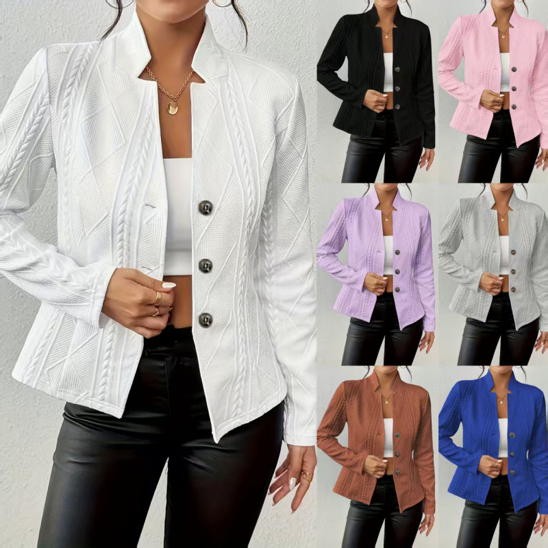 European and American Cross-Border Autumn and Winter Work Clothing Ol Stand Collar Single-Breasted Pink Pattern Small Suit Versatile Casual Jacket 7 Colors 5 Sizes