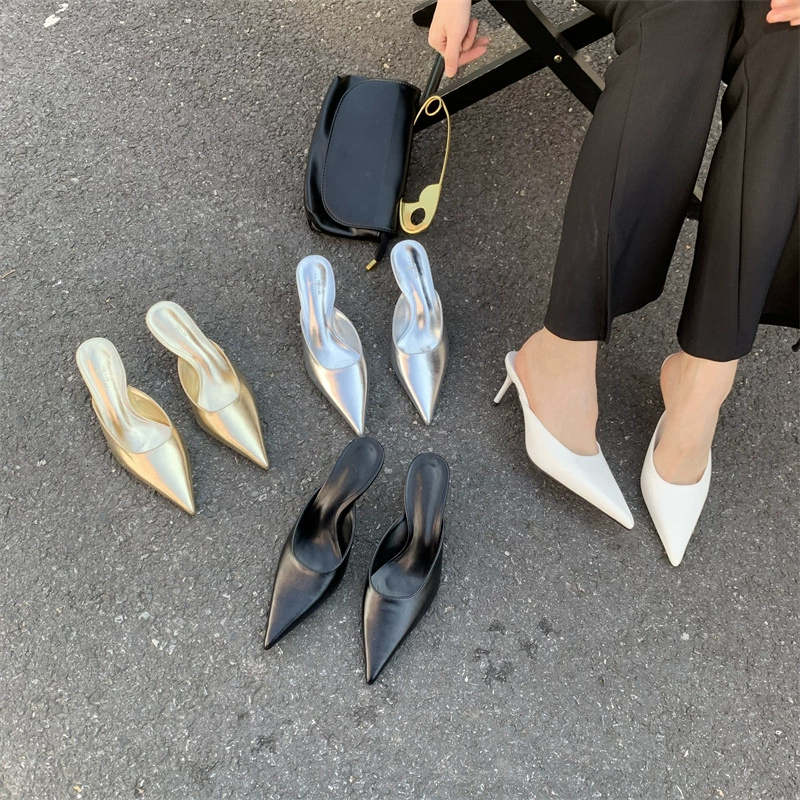 Дизайнерские полутапочки на высоком каблуке во французском стиле, женские туфли с острым носком на тонком каблуке, весенне-летние полутуфли