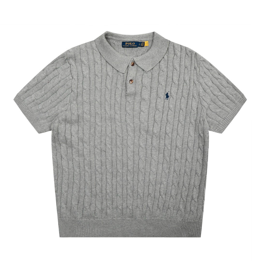 Rl Ralph Lauren Logo Embroidered Brown Two-Button Turn-Down Collar Cable Knit Polo Men's Short-Sleeve Shirt Pure Cotton Casual Top