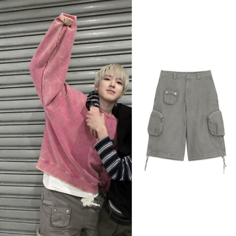 Hug-Style Three-Dimensional Pocket Zipper Workwear Cropped Pants with Vintage Wash and Retro Casual Shorts Hug-Style Three-Dimensional Pocket Zipper Workwear Cropped Pants with Vintage Wash and Retro Casual Shorts