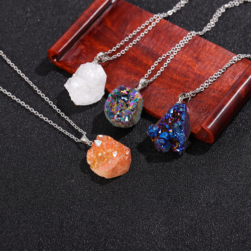 Natural irregular agate crystal pendant white crystal raw stone necklace diy jewelry accessories gravel necklace cross-border