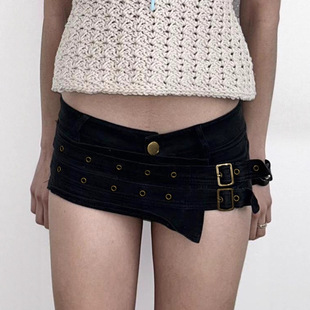 Unique Design Double-Row Belt Spliced Low-Waist Shorts Ins European and American Style Personality Women's Tight Casual Hot Pants